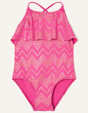 Chevron Frill Swimsuit , Pink (BRIGHT PINK), large