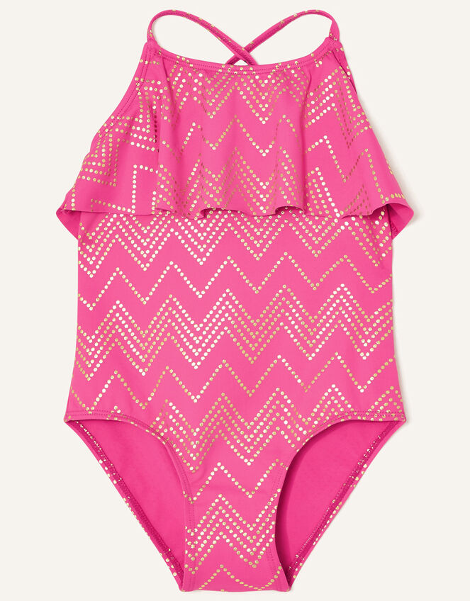 Chevron Frill Swimsuit , Pink (BRIGHT PINK), large