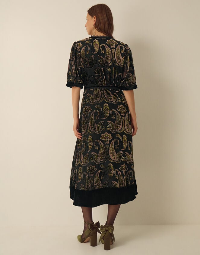 Jaz V-Neck Paisley Devor&eacute; Midi Dress, Green (OLIVE), large
