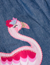 Baby Chambray Flamingo Applique Romper, Blue (BLUE), large