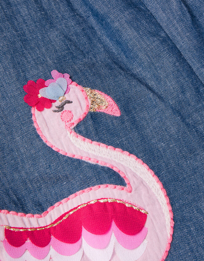 Baby Chambray Flamingo Applique Romper, Blue (BLUE), large