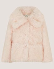 Butterfly Embellished Faux Fur Coat, Pink (PINK), large