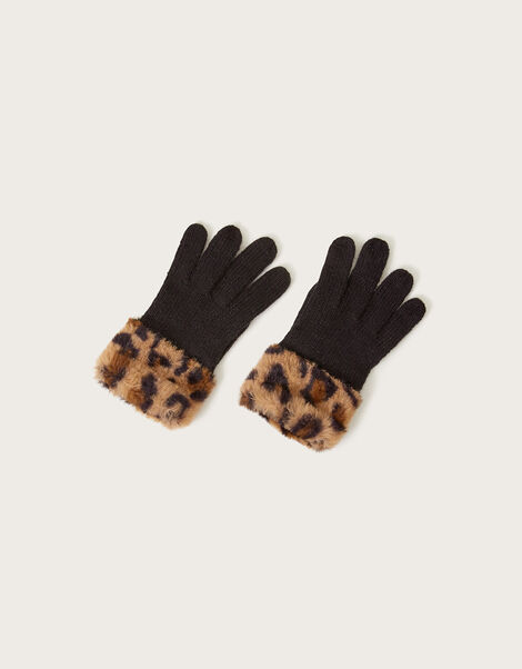 Faux Fur Animal Cuff Gloves, Black (BLACK), large
