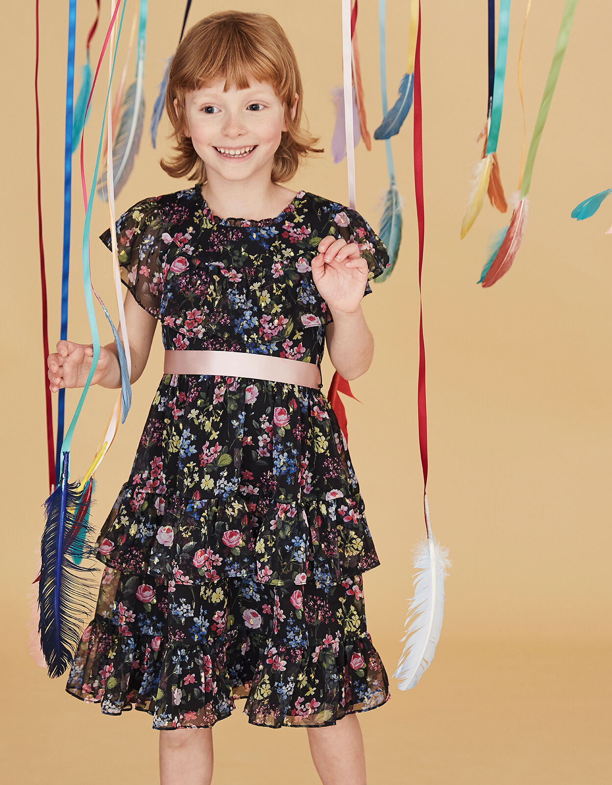 Botanical Print Chiffon Dress Black