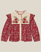 Ditsy Floral Embroidered Blouse, Red (BURGUNDY), large
