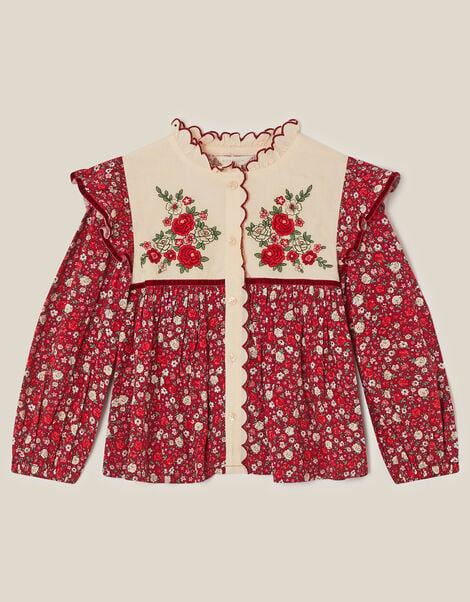 Ditsy Floral Embroidered Blouse, Red (BURGUNDY), large