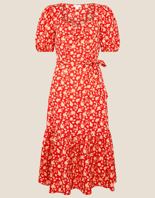 Floral Print Tiered Midi Dress , Red (RED), large