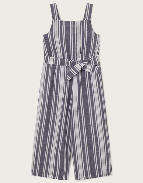 Stripe Belted Jumpsuit in Linen Blend, Blue (BLUE), large
