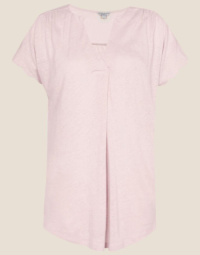 Scallop Detail Jersey T-Shirt in Linen Blend, Pink (BLUSH), large