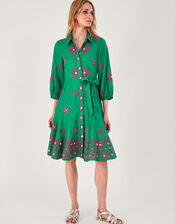 Embroidered Shirt Dress in Linen Blend, Green (GREEN), large