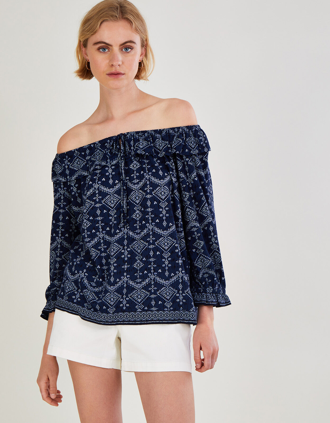 Off Shoulder Frill Jersey Top Blue