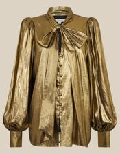 Monsoon x Queens of Archive Debbie Tie Neck Metallic Blouson Blouse​, Gold (GOLD), large