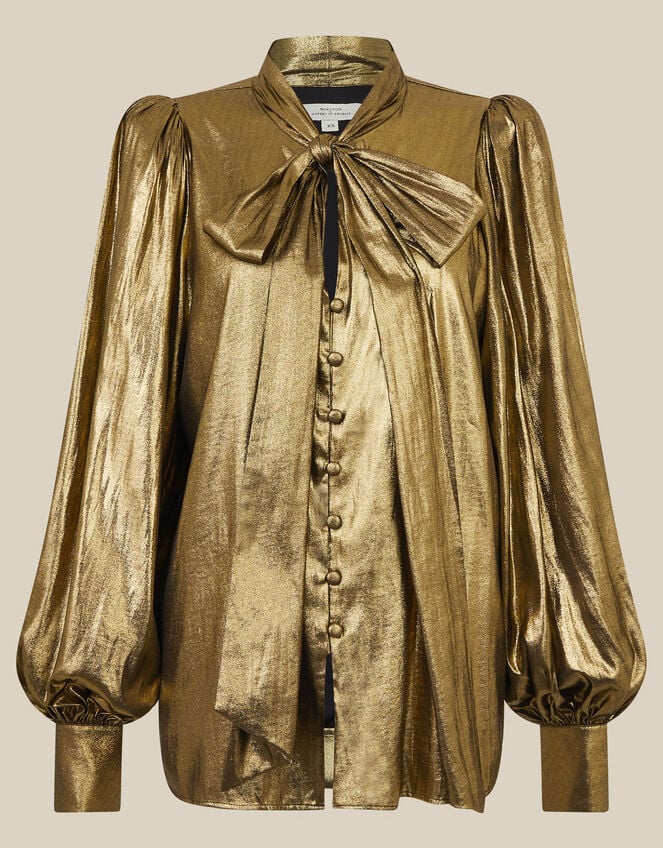 Monsoon x Queens of Archive Debbie Tie Neck Metallic Blouson Blouse​, Gold (GOLD), large