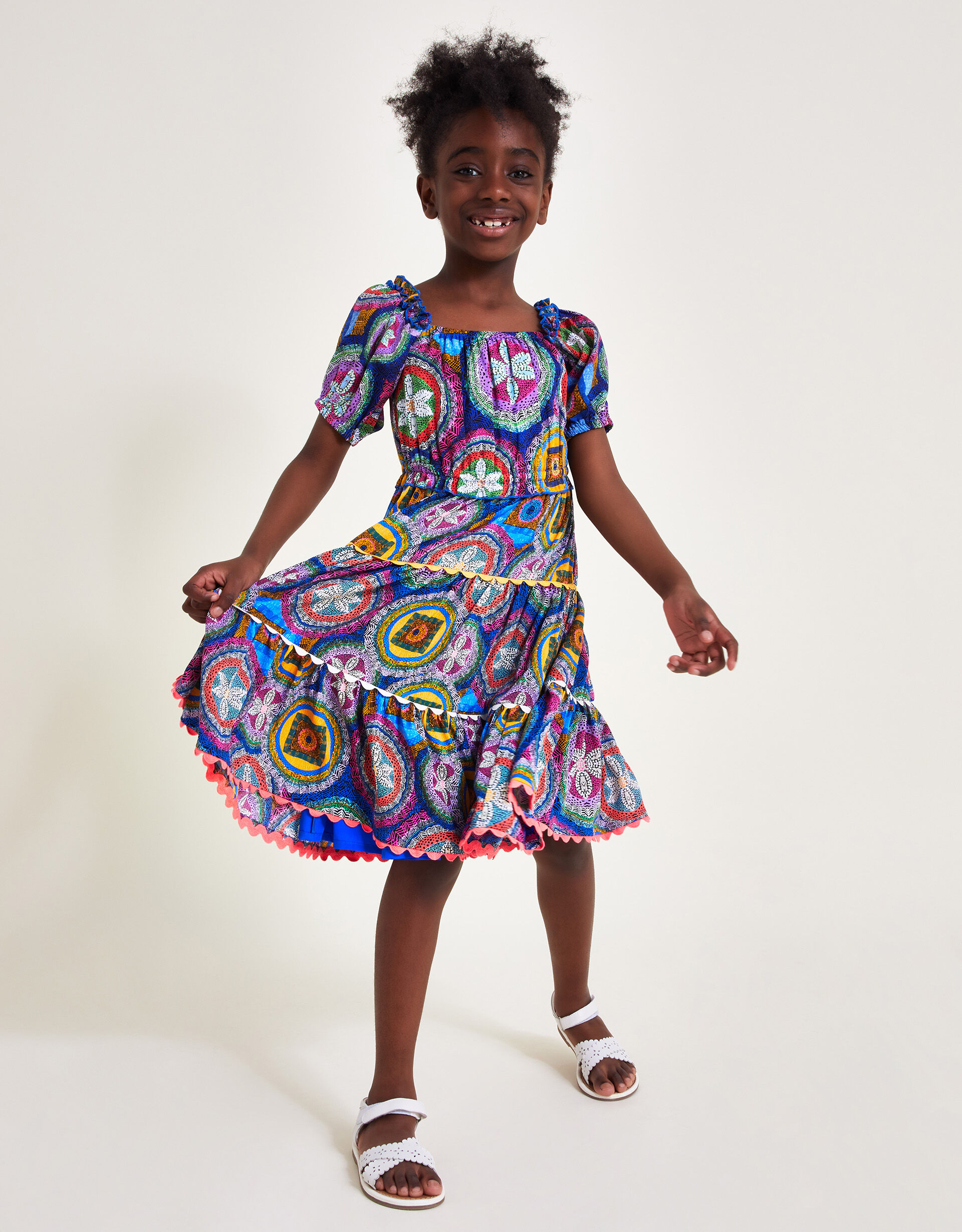 Short Sleeve Scallop Print Dress Blue Girls Dresses Monsoon Global