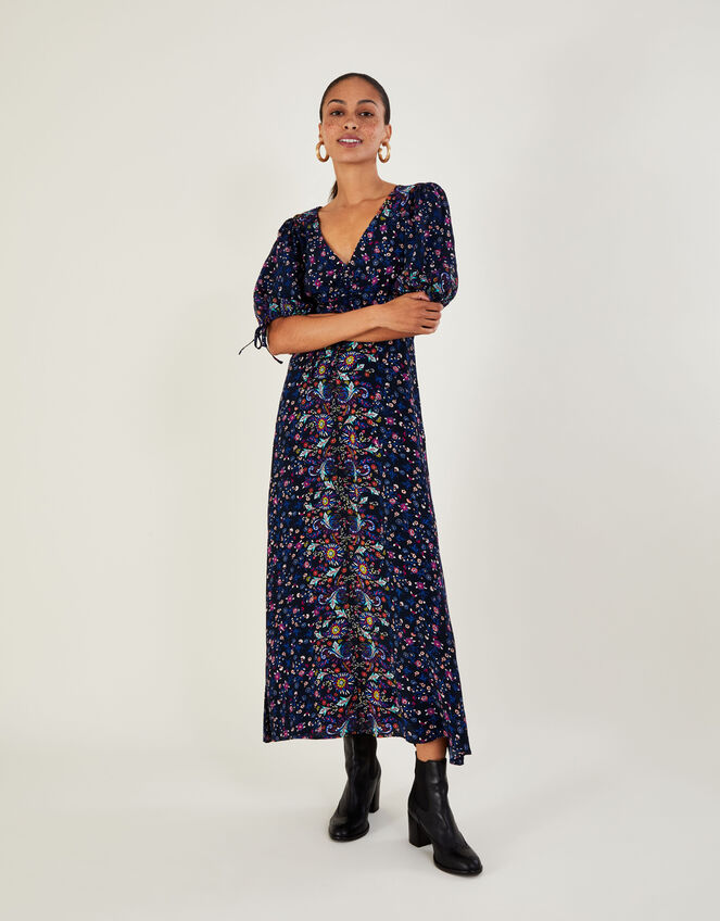 Estella Placement Print Tea Dress in Sustainable Viscose, Blue (NAVY), large