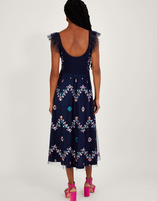 Fiorella Frill Strap Embroidered Dress, Blue (NAVY), large