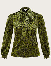 Genevieve Paisley Devore Pussybow Blouse, Green (OLIVE), large