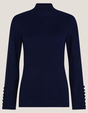 Ruby Ribbed Polo Neck Jumper, Blue (NAVY), large