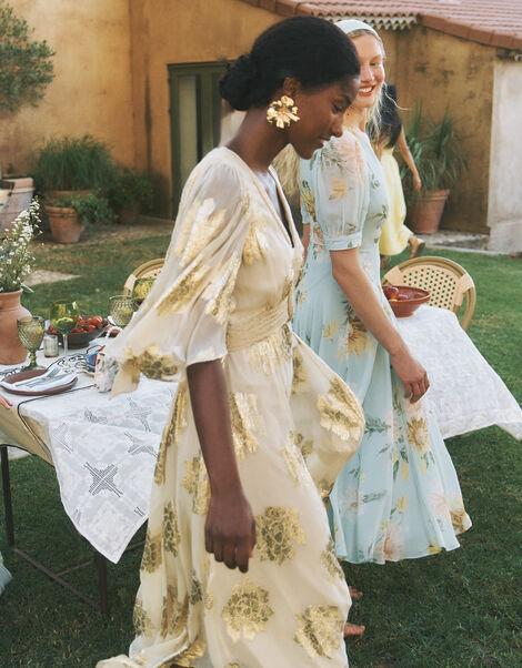 Lydia V-Neck Shimmer Jacquard Midi Dress, Cream (CREAM), large