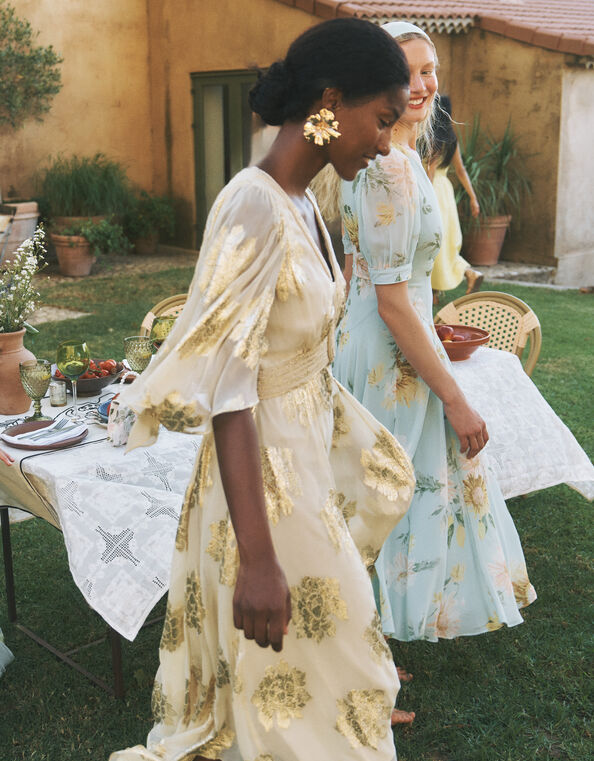 Lydia V-Neck Shimmer Jacquard Midi Dress, Cream (CREAM), large