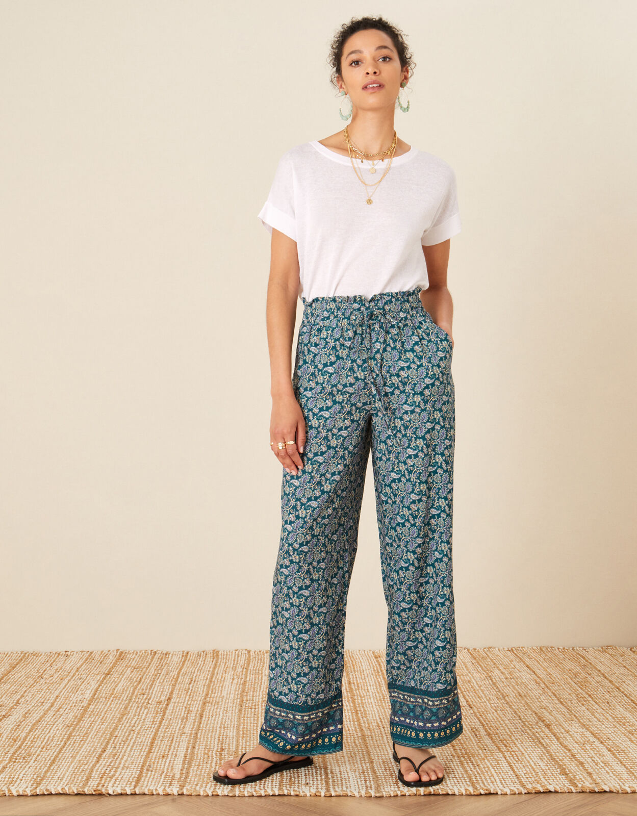 Rita Printed Wide Leg Trousers Teal Trousers Leggings