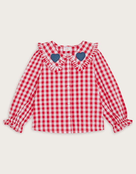 Heart Collar Gingham Blouse, Red (RED), large