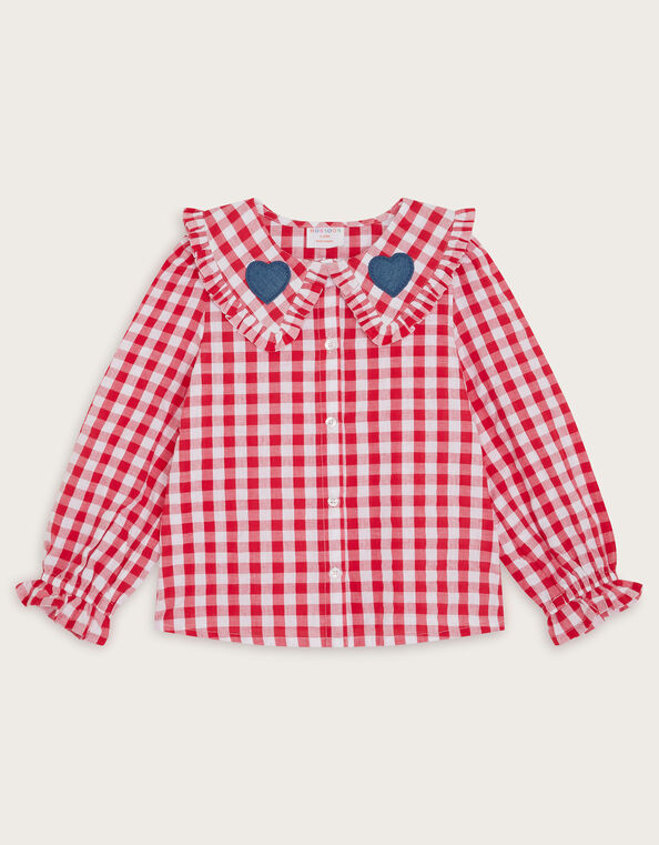 Heart Collar Gingham Blouse, Red (RED), large