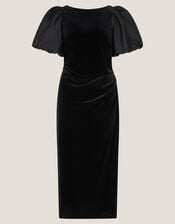 Sadie Puff Sleeve Velvet Midi Dress, Black (BLACK), large