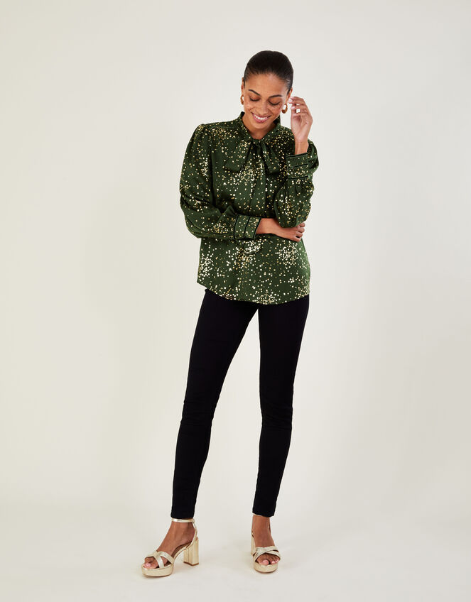 Suki Foil Pussybow Blouse, Green (KHAKI), large