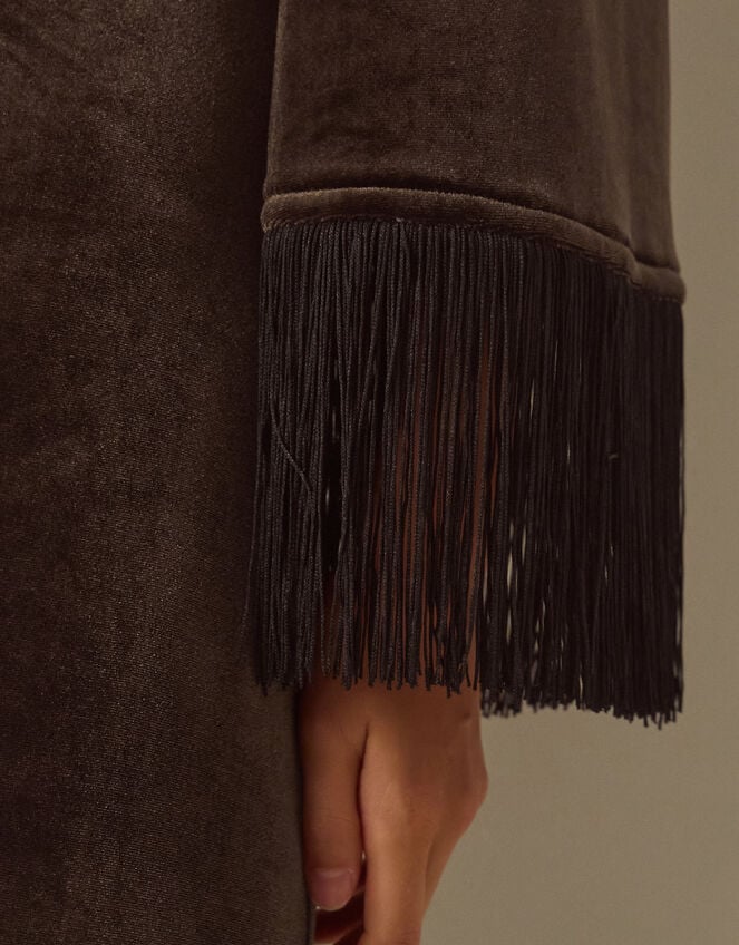 Tegan Long Sleeve Fringe Velvet Maxi Dress, Brown (CHOCOLATE), large