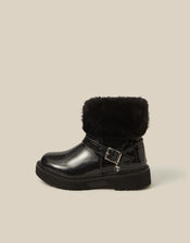 Faux Fur Glitter Patent Boots, Black (BLACK), large