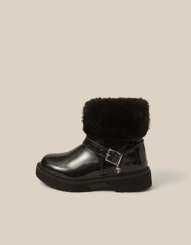 Faux Fur Glitter Patent Boots, Black (BLACK), large