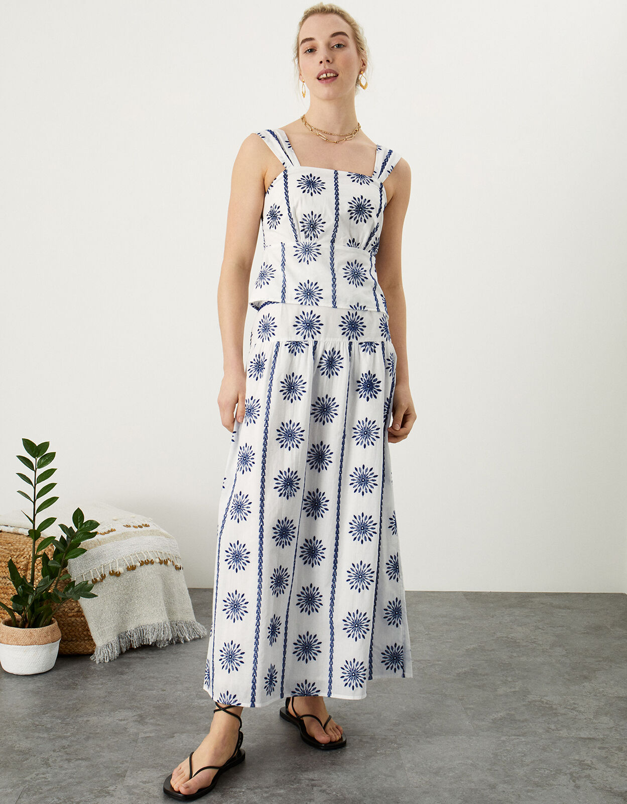 Embroidered Midi Skirt with Sustainable Cotton Blue Skirts