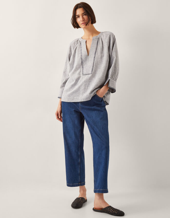 Frida Linen-Blend Stripe Top, Blue (BLUE), large