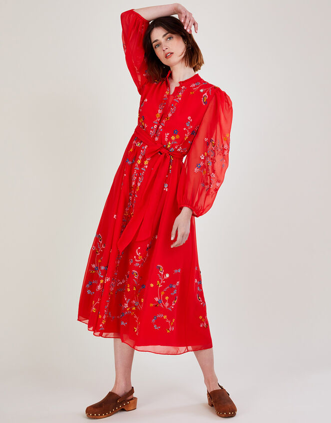 Emily Embroidered Shirt Dress in Recycled Polyester, Red (RED), large