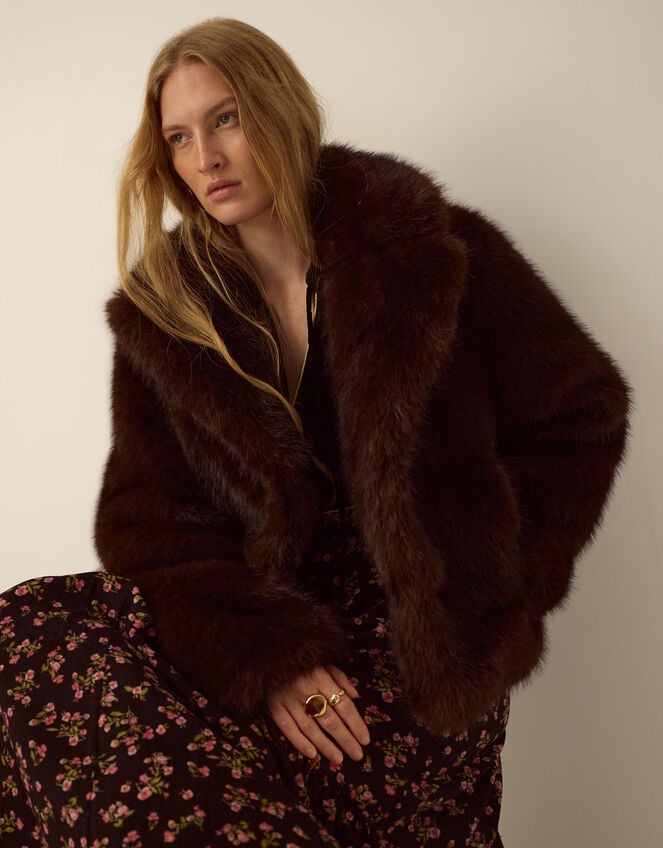 Monsoon x Queens of Archive Betty Short Faux Fur Coat​, Brown (BROWN), large