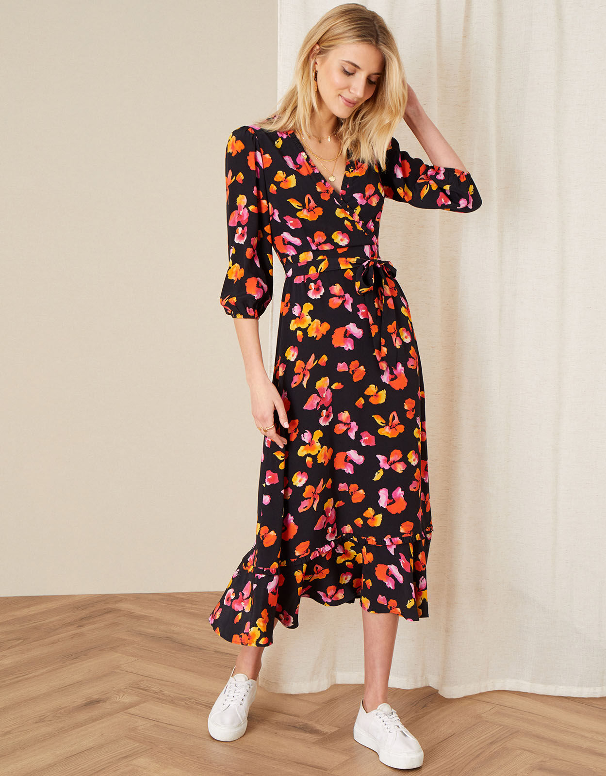 Yazmin Floral Wrap Dress Black | Evening Dresses | Monsoon Global.