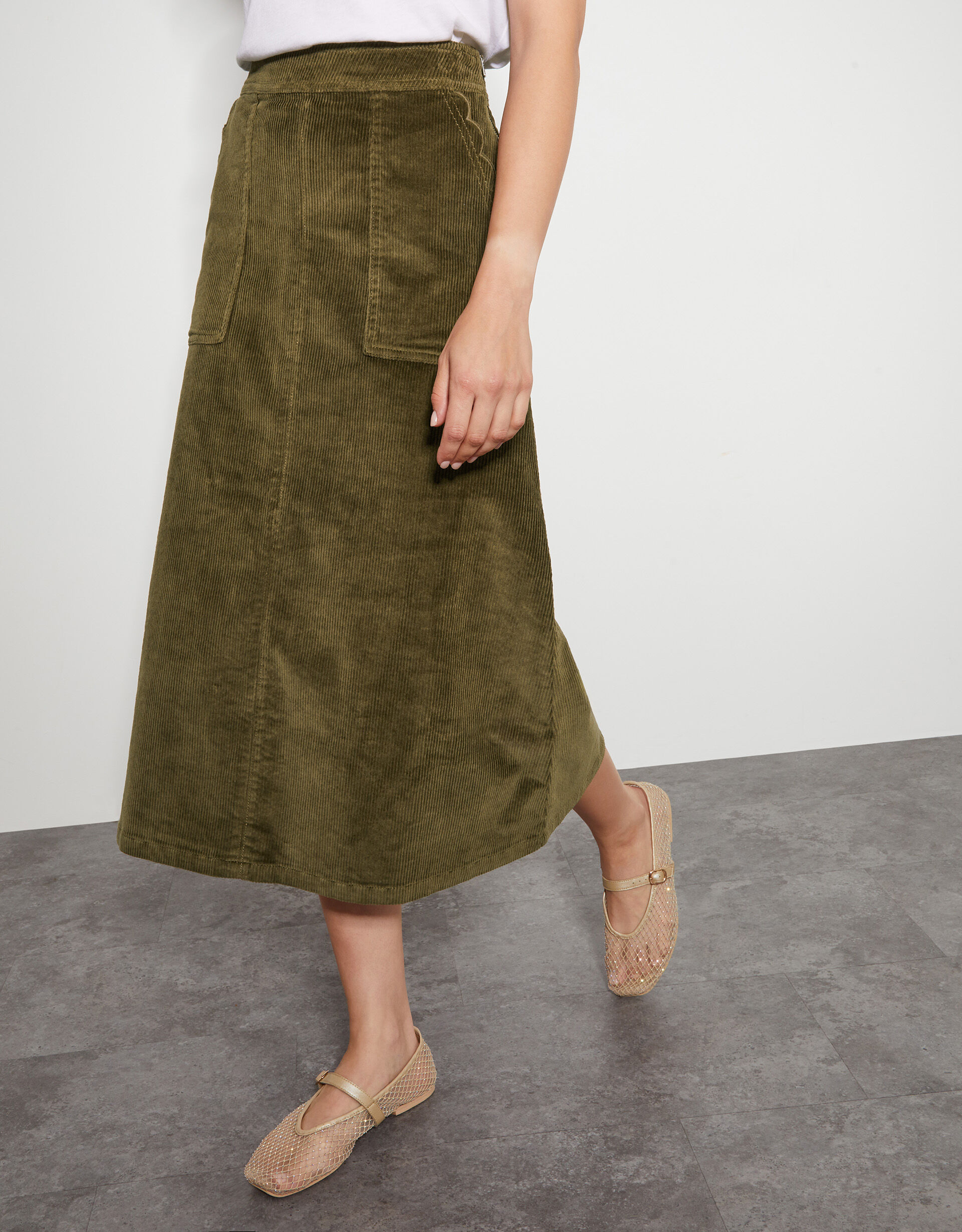 Green corduroy midi skirt shop