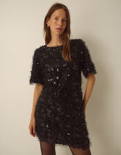 Skylar Short Sleeve Sequin Fringe Mini Dress, Black (BLACK), large