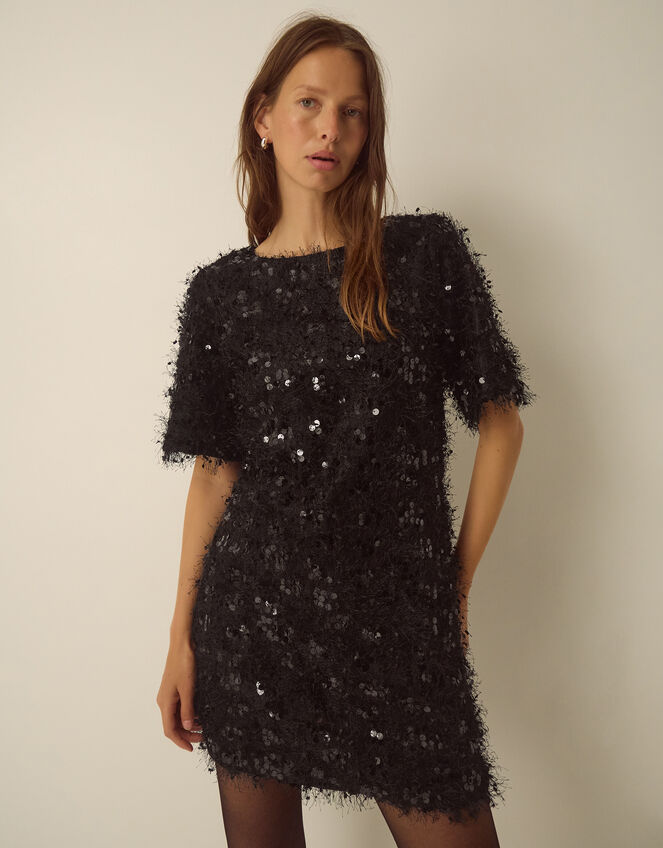 Skylar Short Sleeve Sequin Fringe Mini Dress, Black (BLACK), large