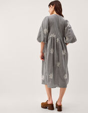 Mimi Puff Sleeve Gingham Midi Dress, Black (BLACK), large