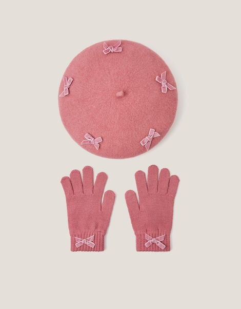 Bow Beret & Gloves Set, Pink (PINK), large