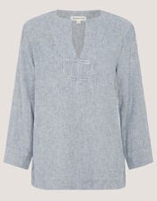 Alexis Stripe Linen-Blend Top, Blue (NAVY), large
