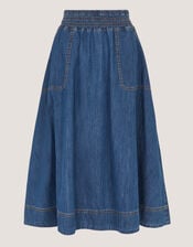 Sophie Shirred Denim Midi Skirt, Blue (MID AUTHENTIC BLUE), large