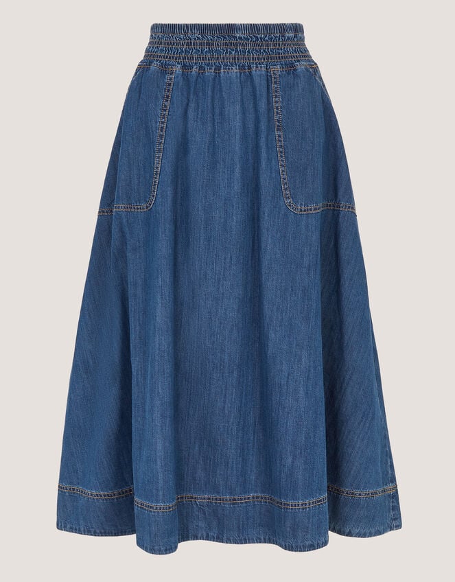 Sophie Shirred Denim Midi Skirt, Blue (MID AUTHENTIC BLUE), large