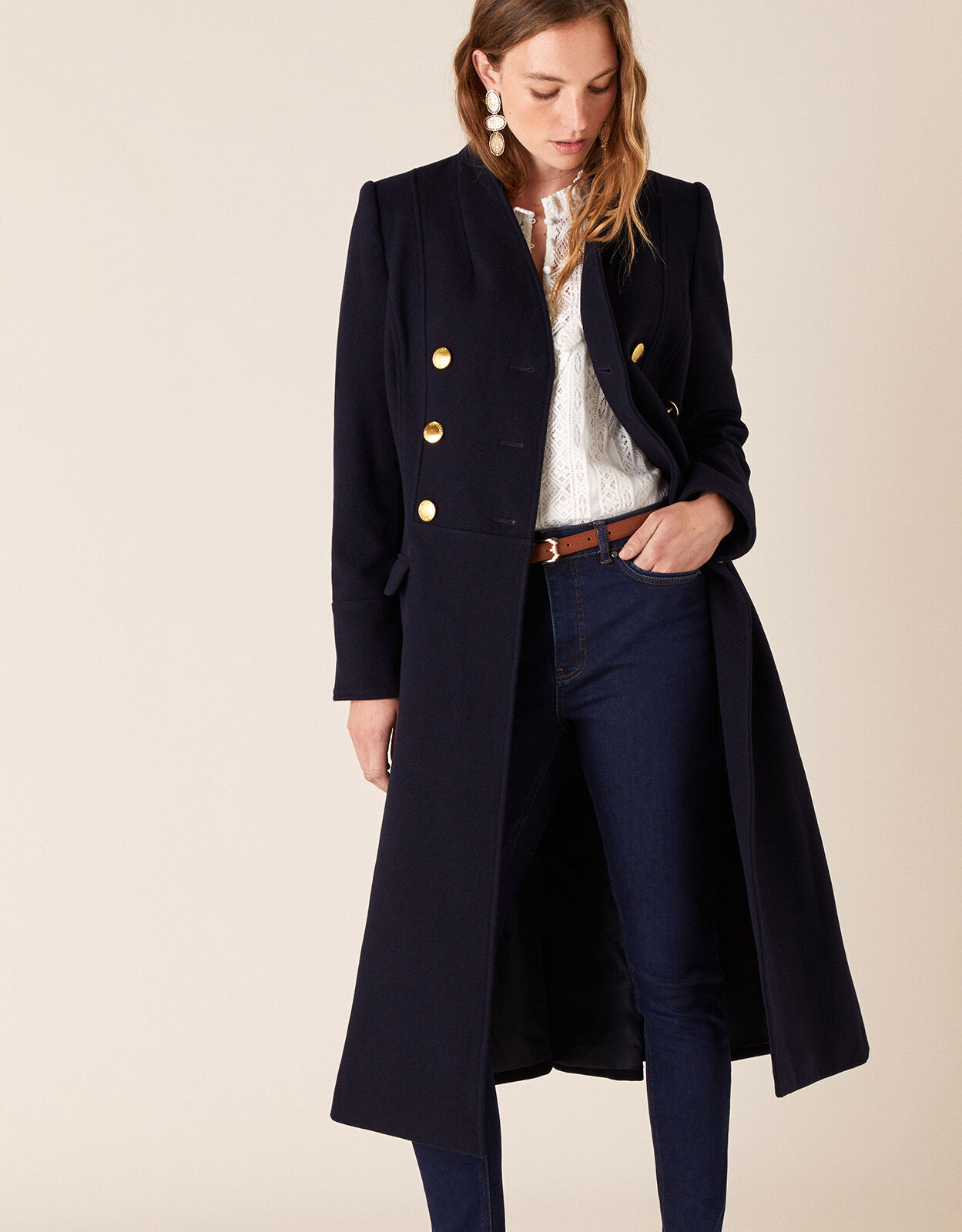 Rosaline Long Military Coat in Wool Blend Blue Women s Coats
