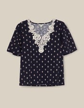 Janey Printed Jersey Top, Blue (NAVY), large