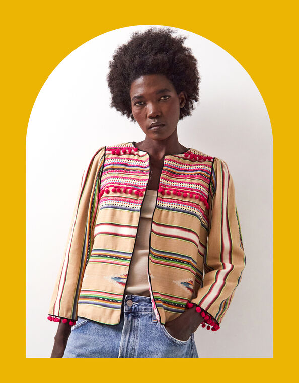 East Dayse Woven Pom Pom Jacket, Natural (STONE), large
