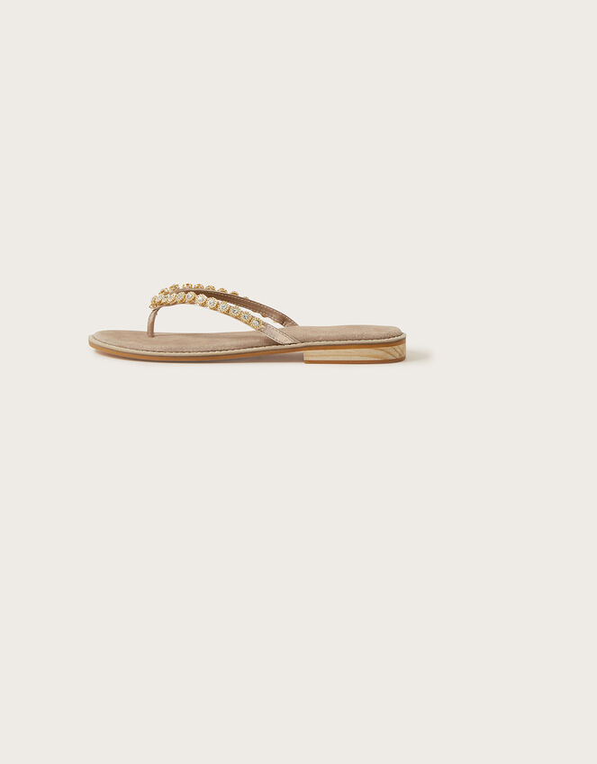 Leather Flower Charm Toe Post Sandals, Gold (GOLD), large