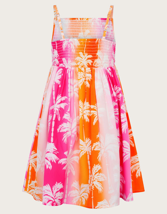 Sunset Ombre Palm Print Shirred Dress, Pink (PINK), large
